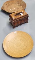 Modern French style ornately carved work box together with a rustic wooden bowl and another centre
