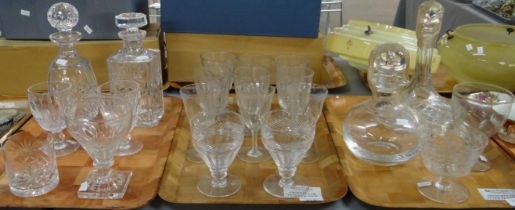 Three trays of glassware to include: Waterford thumb and hob nail cut decanter with stopper and