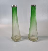 Pair of Art Nouveau green glass tapering vases with silver collars. 21cm high approx. (2) (B.P.