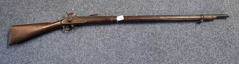 Enfield design 19th century muzzle loading percussion gun with full stock, sling swivels and