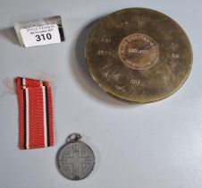 WWI period brass 18 pounder shell case paperweight together with German WRAV Red Cross medal and