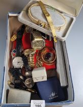 Shoebox of oddments to include: various wristwatches, Killarney crystal, dress ring made with