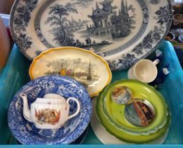Tray of assorted china to include: Spode blue and white transfer printed meat dish, paperweights