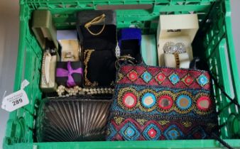 Collection of vintage and other jewellery to include: clutch bag, mirrored bag, bangles, rings,