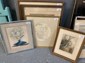 Group of assorted watercolours, various including: study of a church, pair of etchings, the gate