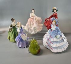 Five Royal Doulton bone china figurines to include: 'Betsy', 'Hannah', 'Fleur', 'Lilac Time' and'The