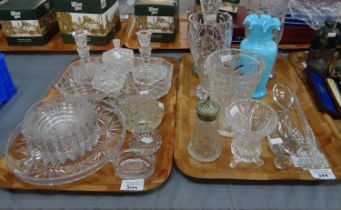 Two trays of cut and moulded glassware to include: a dressing table set with tray, ring tray,