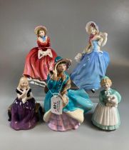 Five Royal Doulton English bone china figurines to include: 'Affection' HN2236, 'Stayed at Home'