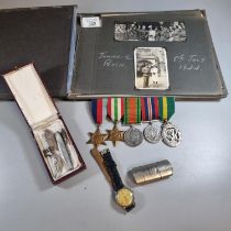 Collection of WWII ephemera in mahogany finish box to include: soldier Johnnie Rush - Royal Army
