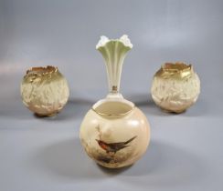 Pair of Royal Worcester G757 globular relief moulded vases together with another Royal Worcester