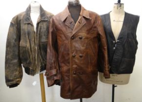 Collection of men's vintage leather items to include: 'The Brooklands Motoring Coat' brown leather