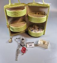 Simulated crocodile jewellery box, opening up to revealed assorted costume jewellery: large