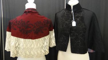 Two Victorian capelets; one black striped with flocked floral panel to the front and lined with