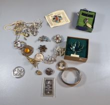 Collection of costume jewellery: brooches, necklaces etc. together with silver bangle and 1 troy
