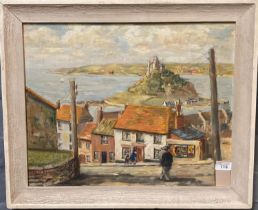 E Harper (British 20th century), St Michaels Mount from the mainland, signed. Oils on board. 40x50cm