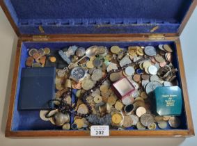 Mahogany cutlery box comprising a miscellaneous collection of coins and other oddments including: