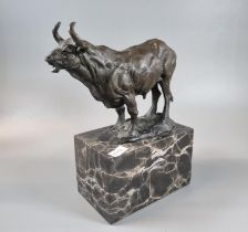 Bronze French naturalistic sculpture of a bull on veined marble base with foundry mark, Bronze