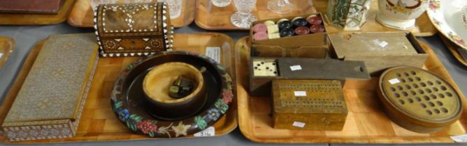 Two trays of assorted items to include: various vintage gaming counters; draughts, dominoes etc, a