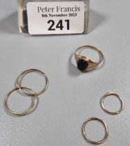 9ct gold and black stone signet ring, together with a pair of hoop earrings. 2.1g approx. (B.P.