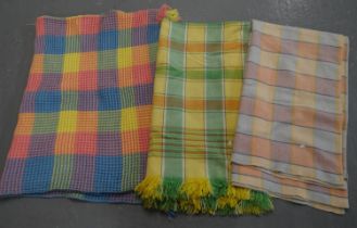 Three vintage multi-colour check woollen blankets; one honeycomb and two others. (3) (B.P. 21% +