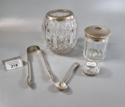 Collection of silver and glass to include: 19th century sugar nips, shell shaped spoon, dressing