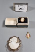 9ct gold cameo ring together with a 9ct gold cameo brooch and similar gold finish cameo pendant. (