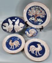 Collection of Welsh Studio Pottery by Sally Seymour, book illustrator (Penfro) to include: cockerel,