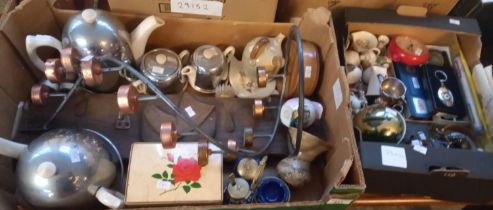 Two trays of assorted china including: insulated teaware, wooden hat rack, ornaments etc. (2) (B.