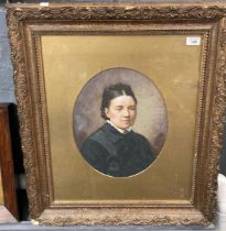 British school (19th century), overpainted portrait photograph of a woman, oval. 36x29cm approx.