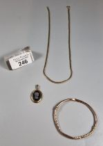 9ct gold bangle 4.8g approx. together with a gold plated chain, intaglio portrait pendant. (3) (B.P.