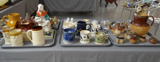 Three trays of china to include: Doulton Lambeth two tone stoneware salt glazed items with silver