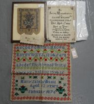 Collection of 19th Century textiles to include: a framed beadwork floral design panel, various