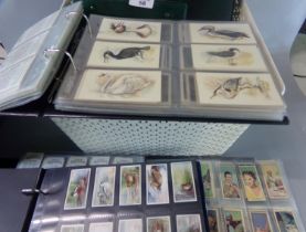 Cigarette cards and various trade cards in five albums, many 100s of cards with a wide range of