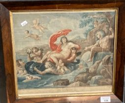 After Gordano, 'La Galatea', 18th century coloured engraving in rosewood frame with gilt slip.