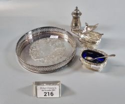 Silver cruet set. 3.2 troy oz approx. Together with a small silver plated tray/coaster. (B.P.