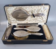 Early 20th century silver engine turned ladies vanity set in original fitted case. (6 items) (B.P.