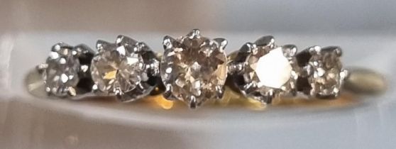 18ct gold five stone diamond ring. 2g approx. Size J 1/2. (B.P. 21% + VAT)