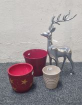 Silver finish modern ornament of a reindeer, together with three planters. (4) (B.P. 21% + VAT)