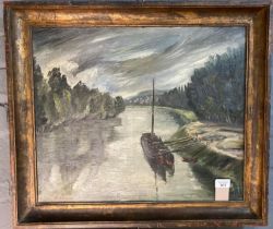 Marther Ternand (French/Belgian born 1888), canal scene with barge loading limestone, signed. Oils