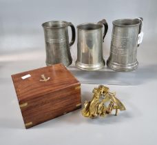 Small reproduction brass sextant in hardwood brass mounted box together with three pewter tankards