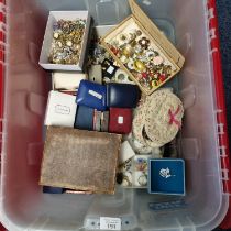 Plastic box comprising a large collection of mainly costume jewellery to include: earrings,
