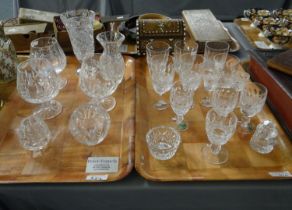 Two trays of Waterford cut glass lead crystal items to include: various thumb and hob nail cut