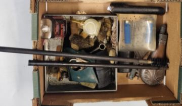 Collection of shooting items to include: brass powder flask, leather shot flask, cleaning rods, pull