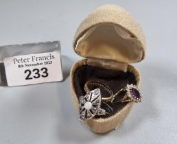 9ct gold cubic zirconia and purple stone dress ring. 1.8g approx. Size O. Together with an Art