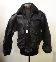 Black leather faux sheep skin lined aviator jacket with 'The Pilot's size 50' label, together with