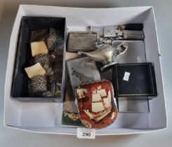Box of oddments to include: vintage lighters, plated cigarette cases, Earnshaw gents watch