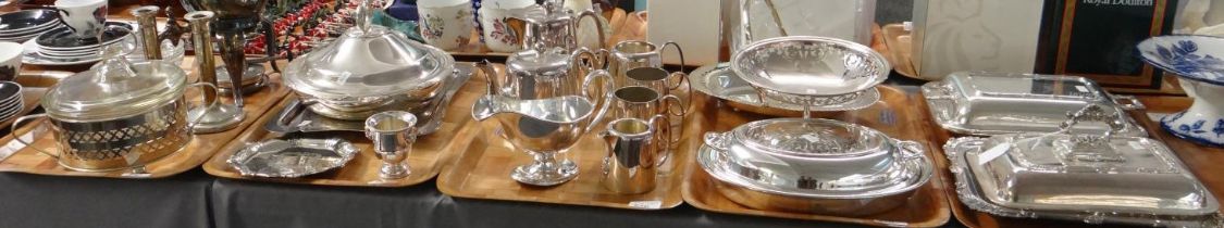 Five trays of mostly silver plate to include: New Zealand Shipping Co sauceboat, tea and coffee