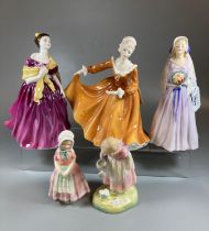 Five Royal Doulton English bone china figurines to include: 'Kirsty' HN2381, 'Adrienne' HN2152, '