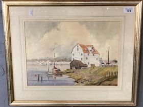 Gwyn Richards (Welsh 20th century, Laugharne Castle and another estuary scene, a pair, signed.