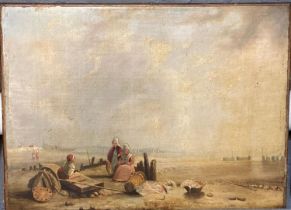 Dutch School (19th century), fisher folk on an expansive beach. Oils on canvas. 27x36cm approx. Un-